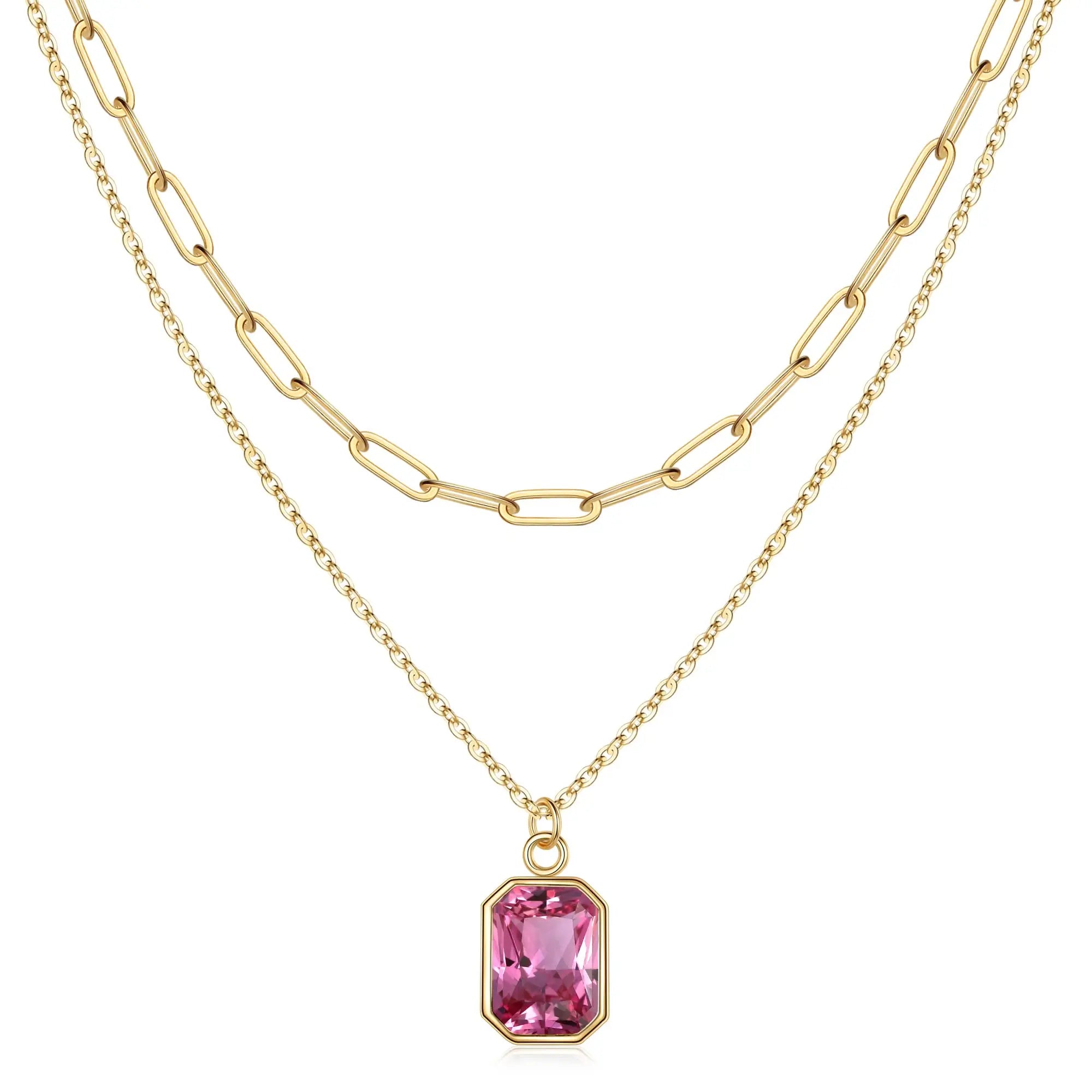 Fashion Jewelry Double Layer Colorful Zircon Stainless Steel Necklace 18K Gold Plated Paperclip Chain with Rectangle Pendant