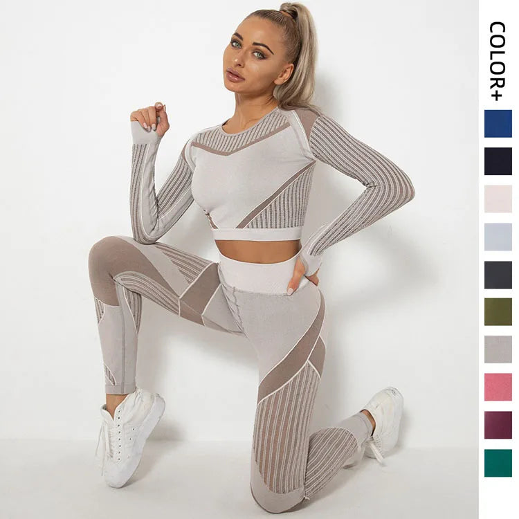 Seamless Hollow Breathable Yoga Long Sleeve Yoga Suit Sports Fitness Running Yoga Pants for Women