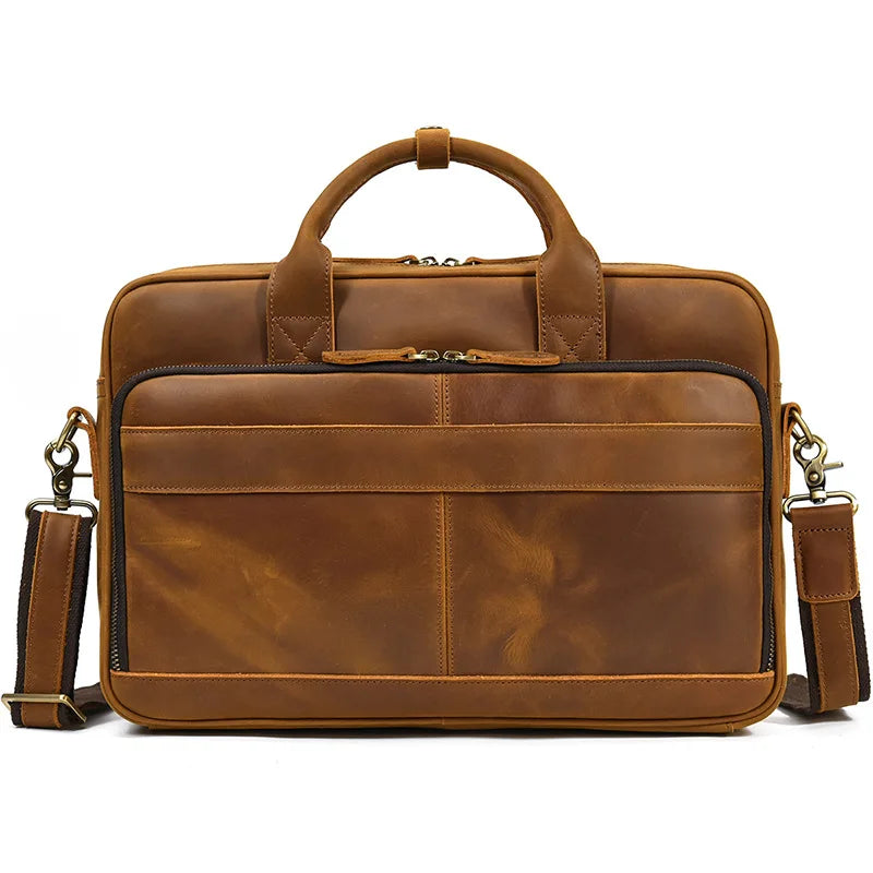 Vintage Full Grain Leather Compute Laptop Bags Large Business Bag Crazy Horse Genuine Leather Briefcase Bags Men