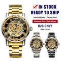 Wholesale T Winner Mechanical Sport Watches Power Reserve Roman Numbers Gold Skeleton Stainless Steel Band Alloy Case Men's