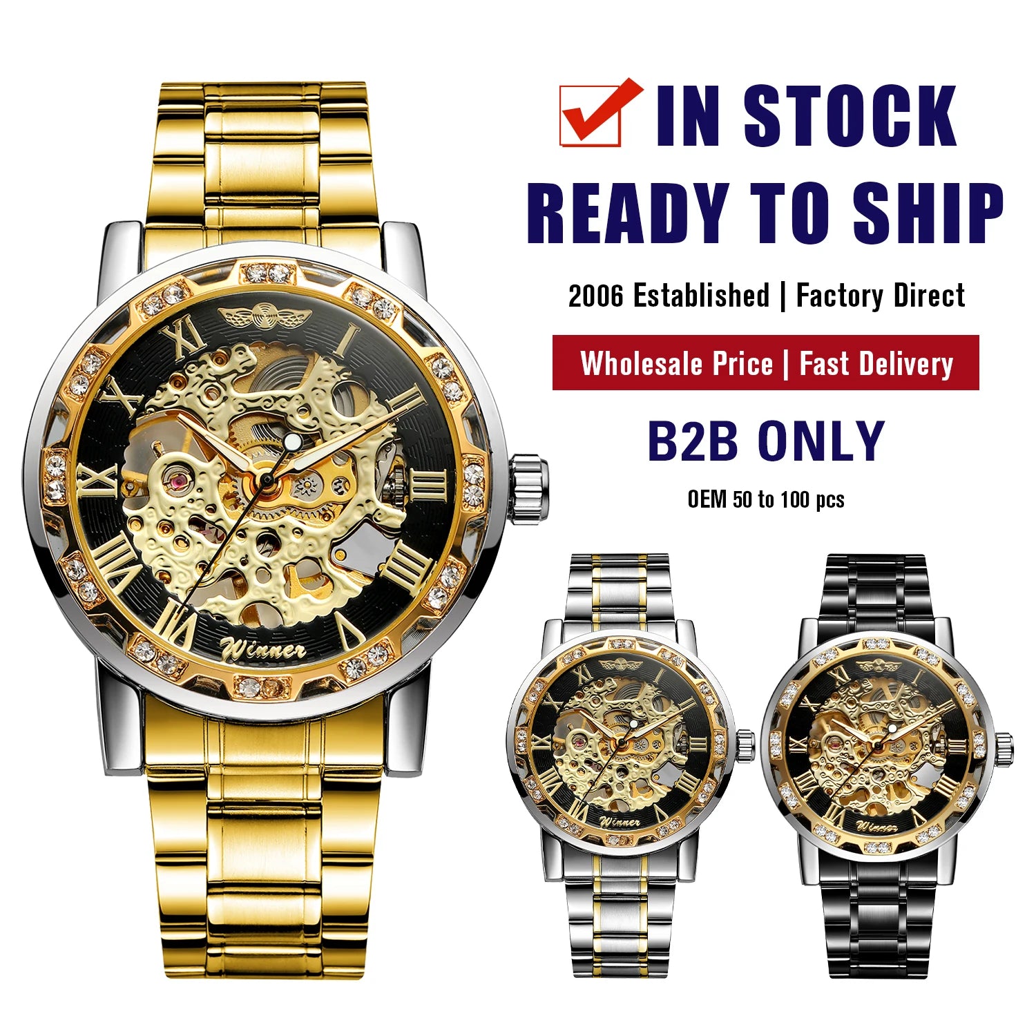 Wholesale T Winner Mechanical Sport Watches Power Reserve Roman Numbers Gold Skeleton Stainless Steel Band Alloy Case Men's