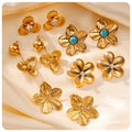 Waterproof 18K Gold Plated Stainless Steel Non Tarnish Vintage Turquoise Stone Zircon Big Flower Stud Earrings Set for Women