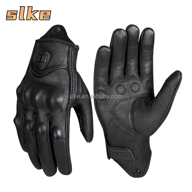 SLKE Touchscreen Leather Genuine Sheepskin Motocross Motorbike Biker Racing Riding Glove Motorcycle Gloves