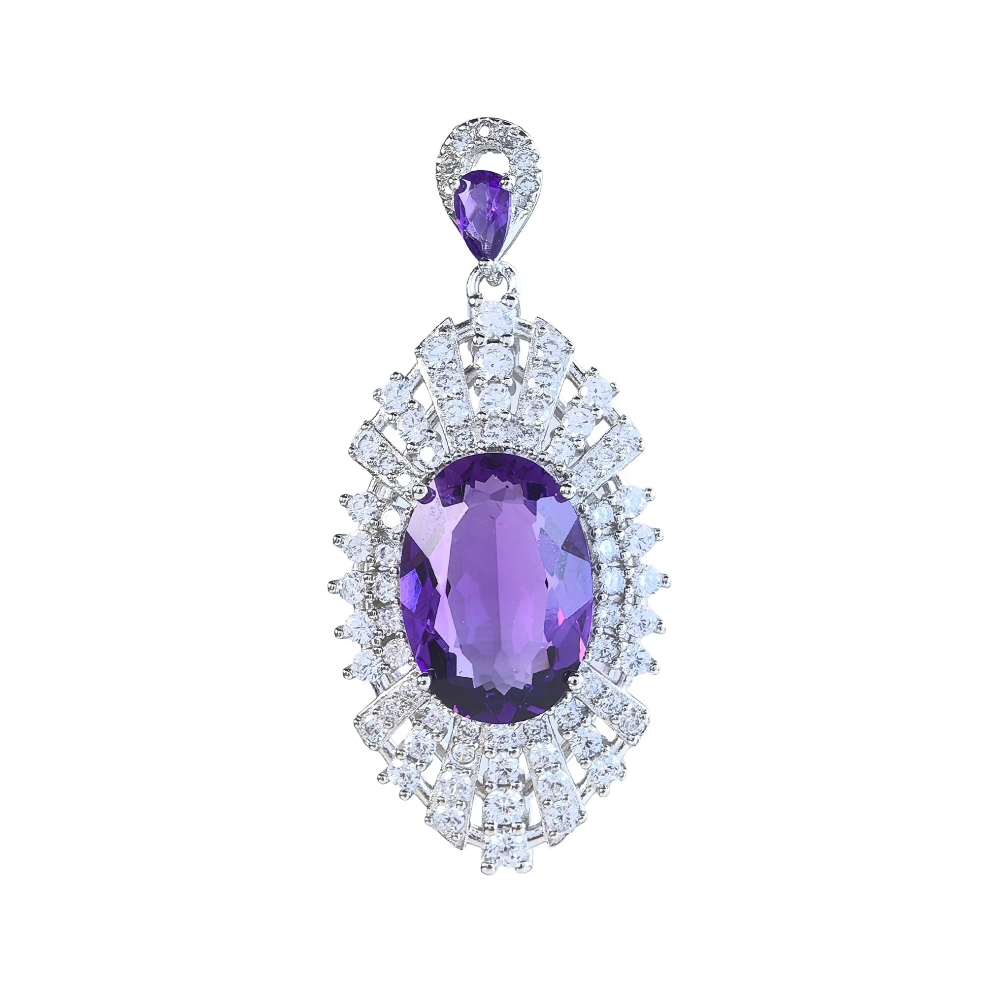 Factory Wholesale Rhodium Plated 925 Sterling Silver Oval Cut Natural Amethyst Pendant for Women Party Wear
