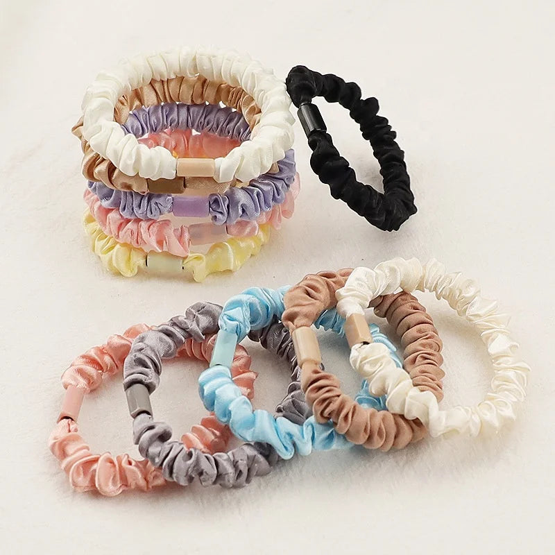 Silky Skinny Small Scrunchies Set Hair Bow Ties Ropes Bands Skinny Scrunchy Elastic Ponytail Satin Hair Scrunchies Wholesale