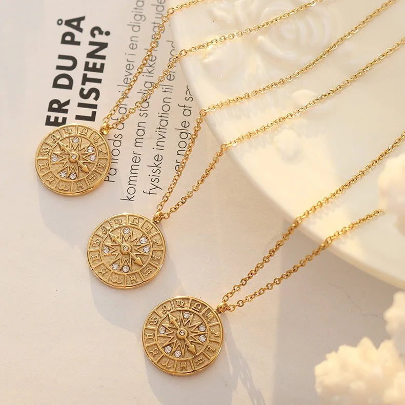 Round Inlaid Zircon Pendant Jewelry Horoscope Necklace Stainless Steel Women