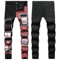 Hip Hop Black Floral Fabric Zipper Decoration Ripped Digital Print Stretch Jeans for Men