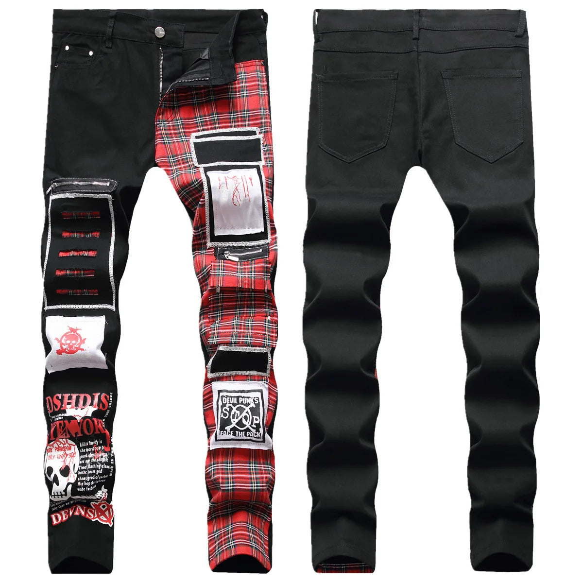 Hip Hop Black Floral Fabric Zipper Decoration Ripped Digital Print Stretch Jeans for Men