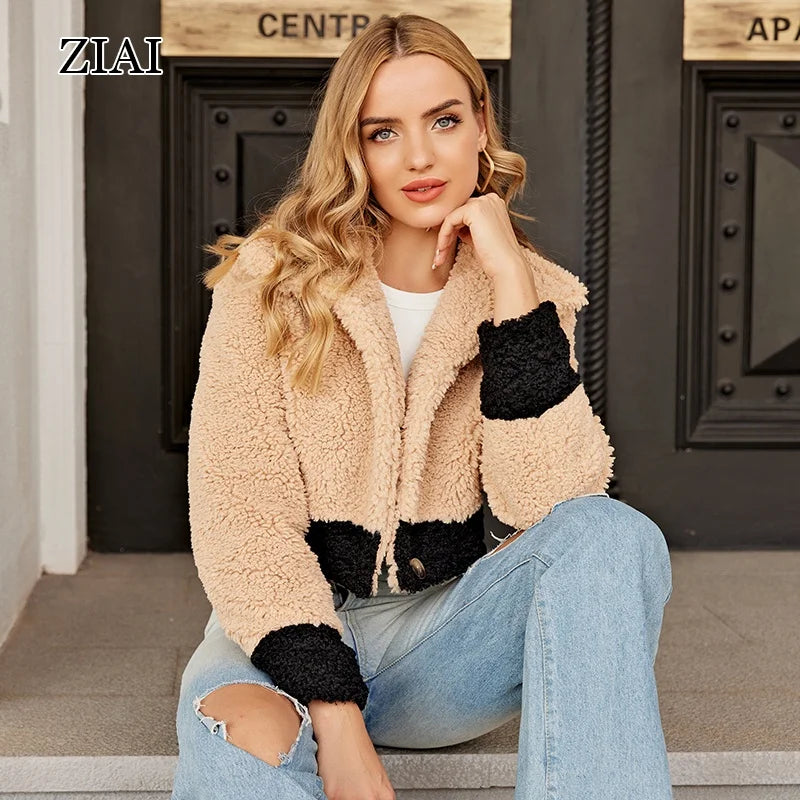 Wholesale Winter Jacket Warm and Fashionable Short Jacket Sheep Shearing Polyester Fiber Splicing Winter Shearling Jacket