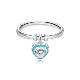 S925 Sterling Silver Love Heart Charm Pendant Ring Unique Mint Green Enamel Zirconia Design Rhodium for Fashion Wedding Party
