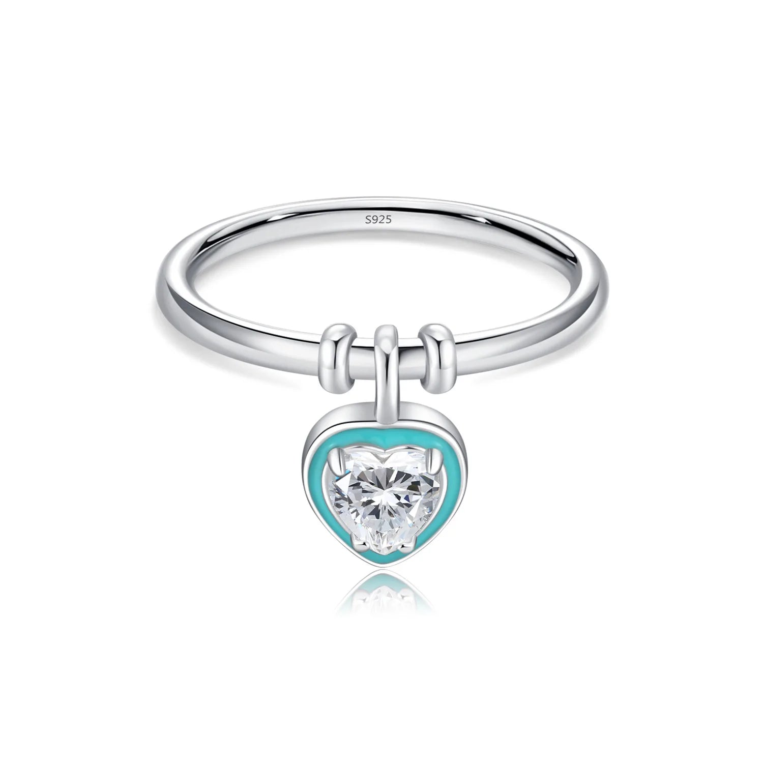 S925 Sterling Silver Love Heart Charm Pendant Ring Unique Mint Green Enamel Zirconia Design Rhodium for Fashion Wedding Party