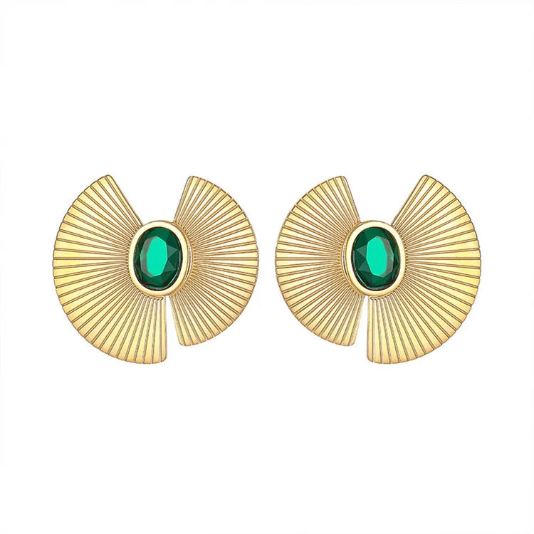 Ins Popular 18k Gold Plated Sector Earring Fine Green Gemstone Charm Stud Earring