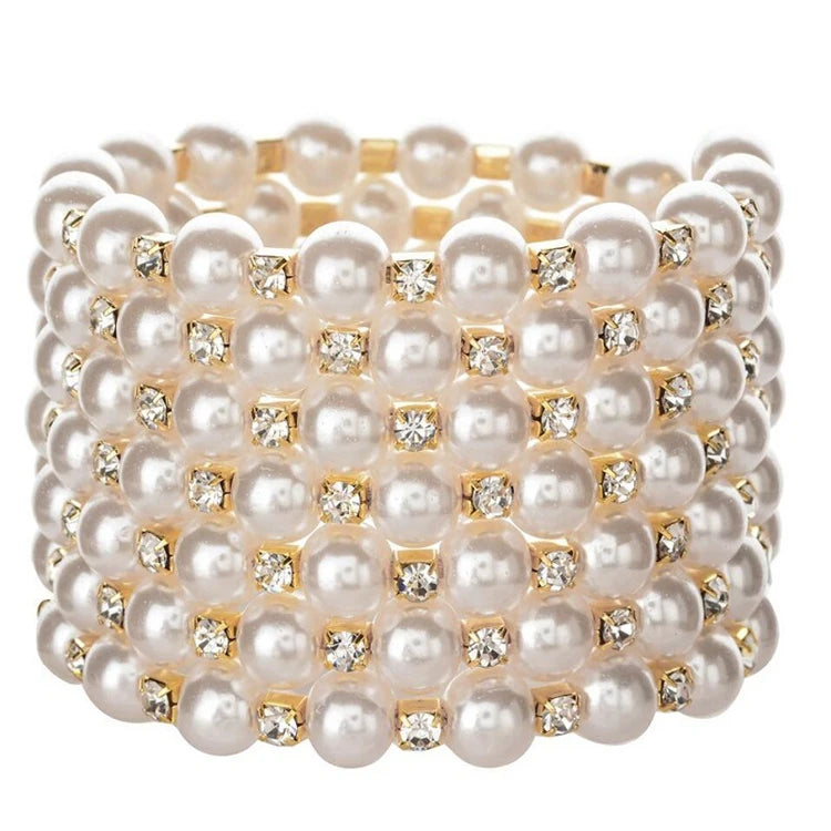 ZQ-13 Fashion Elastic Spiral Wrap Hand Jewelry 7 Layers Rhinestone Crystal Diamond Pearl Bangle Bracelet