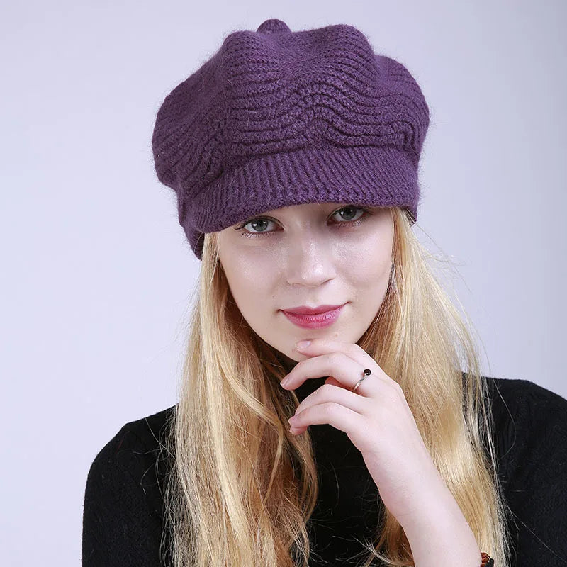 2026 Autumn/Winter New Solid Color Plush Fashion Warm Women's Peak Cap Knitted Soft Acrylic Beret Hat for Woman