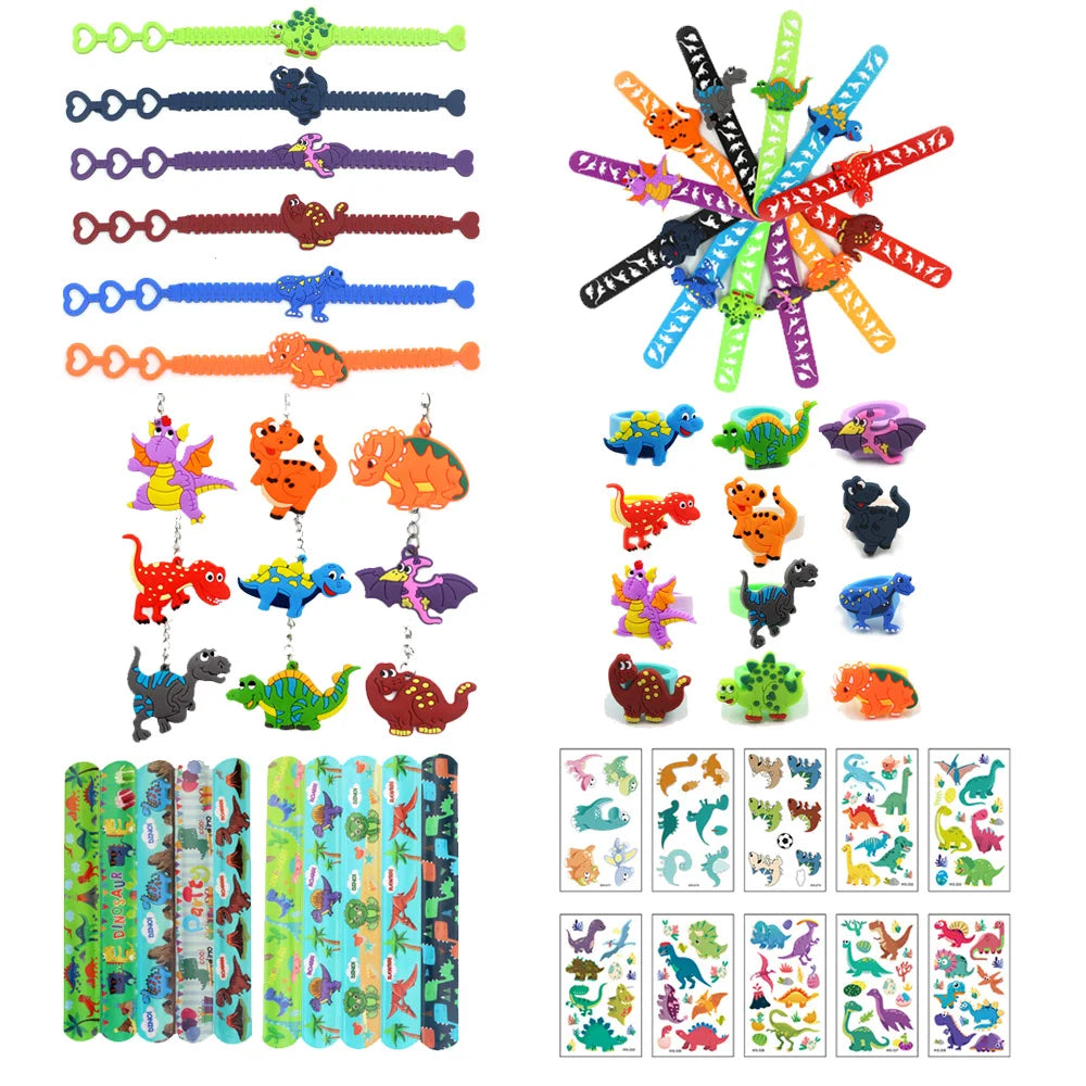 Dinosaur Themed Birthday Party Favor Pinata Goodie Bag Fillers Slap Bracelets Keychain Rings Temporary Tattoos Stamp Straw