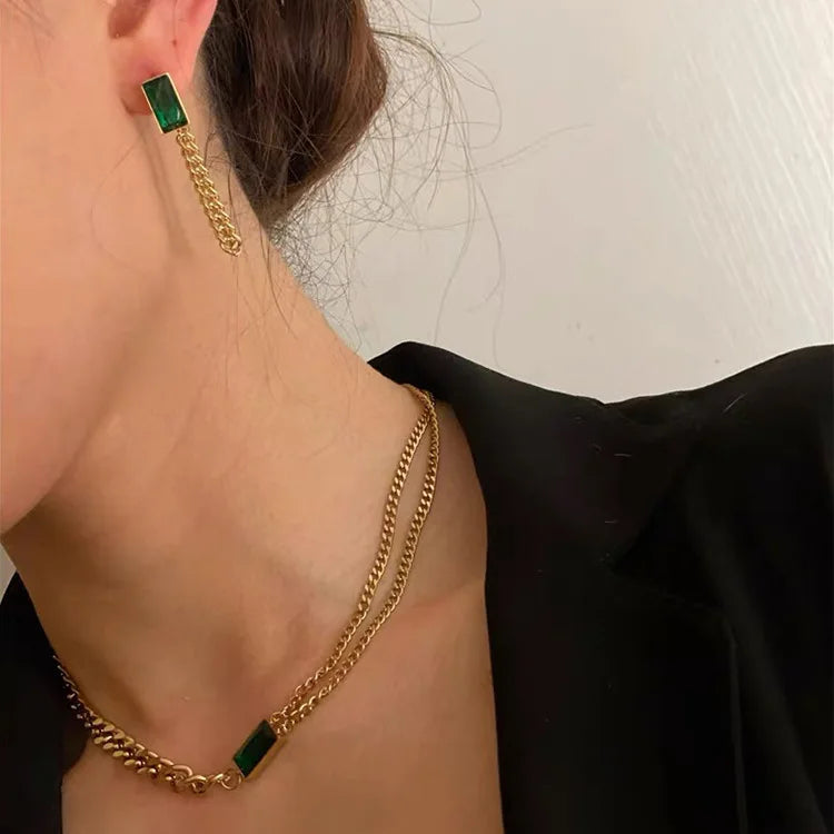 Ins Hot Selling 18k Gold Plated Rectangle Green Zircon Stainless Steel Wholesale Price Necklace for Women