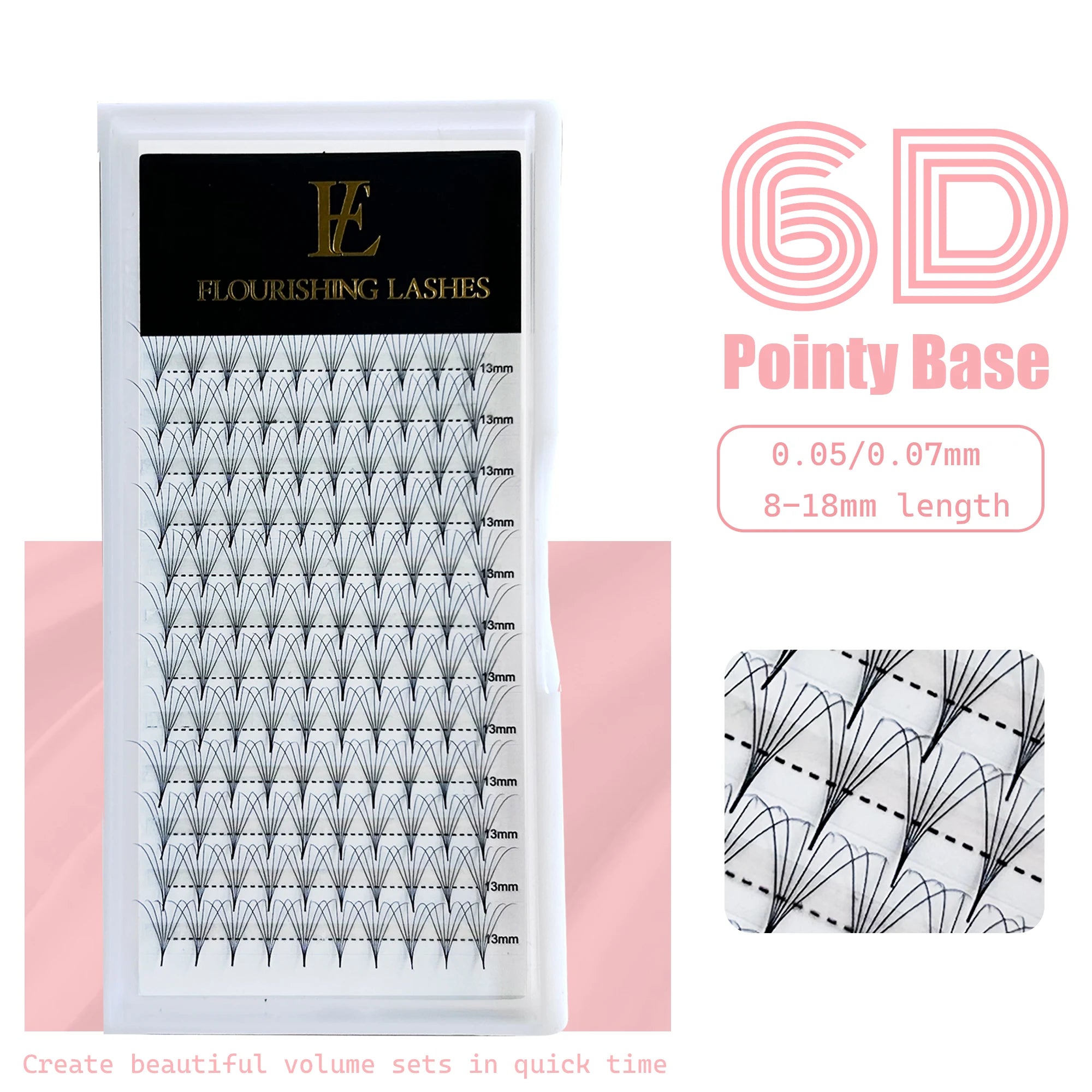 Flourishing Lashes Handmade Pointy Base Promade Fans 6D Lashes 0.07mm 12 Rows for 8-18mm Super Soft Korean PBT Fibers Eyelashes