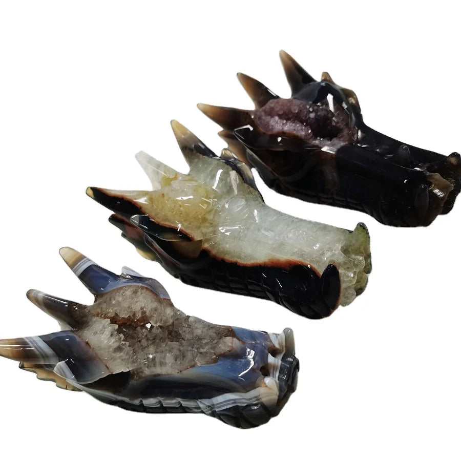 Wholesale 3-5 Inch Size Hand Carved Agate Druzy Geode Dragon Crystal Carvings Skull for Home Decoration