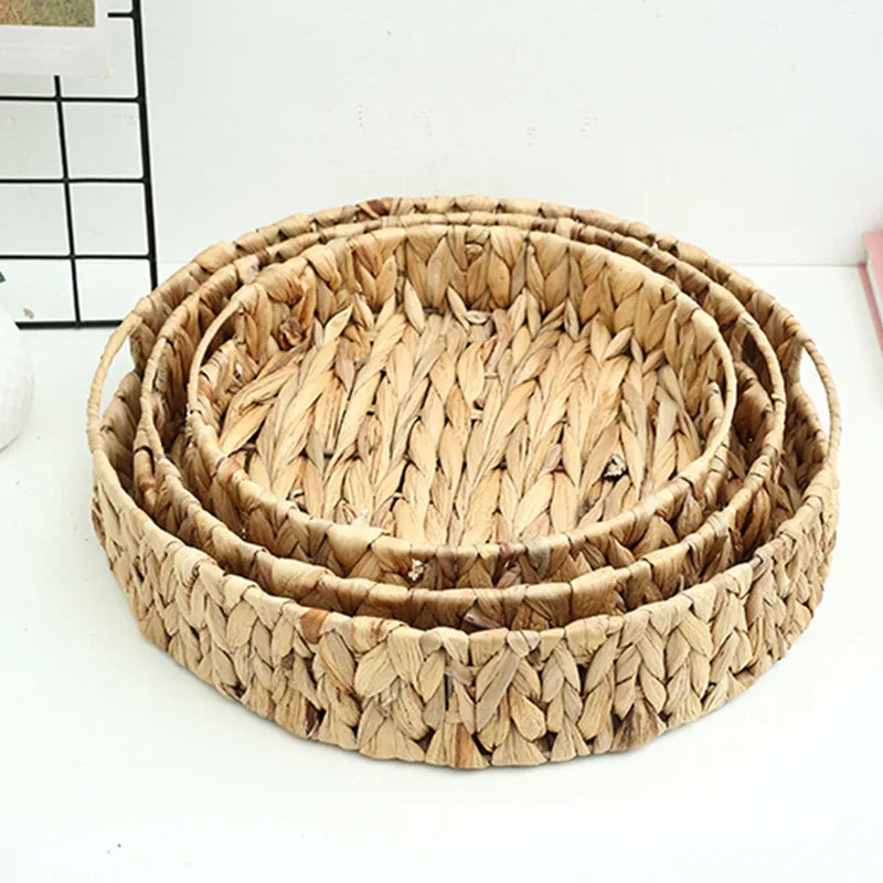 Round Countertop Fruit Woven Storage Basket With Handles Dining Table Tray