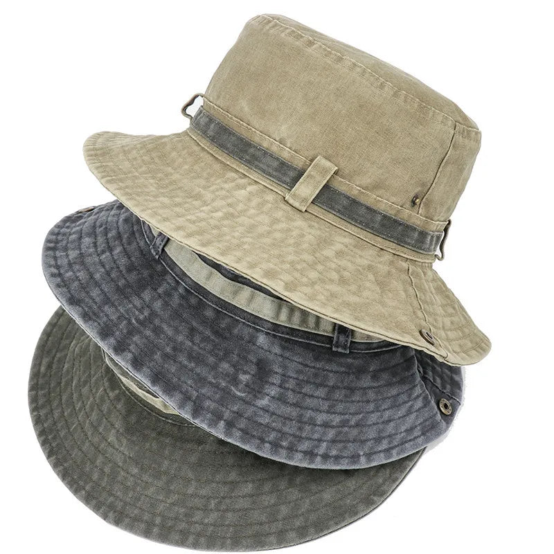 Unisex Washed Cotton Boonie Hat Summer Outdoor Packable Fishing Bucket Hat Beach Sun Hat With String for Women Men