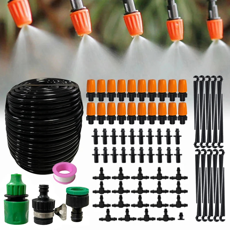 Mist Irrigation Kit Plant Watering System With 50 FT 1/4 Distribution Tubing Hose 20 Misters  Barbed Fittings Support  Stakes