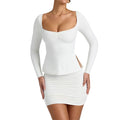 KY Long Fitted Sleeves Ruched Detailing Side Splits Modal Sweetheart Neck Top SKirt Recycled Polyester Activewear