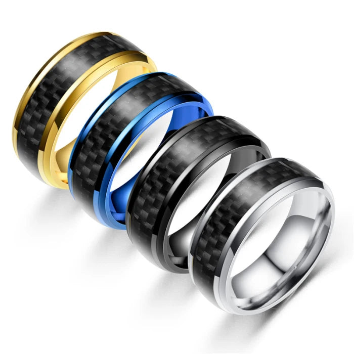 High Polishing 8MM Personalized Stainless Steel Fashion Men's Epoxy Jewelry Black Drip Oil Jewelry Inlay Carbon Fiber Ring