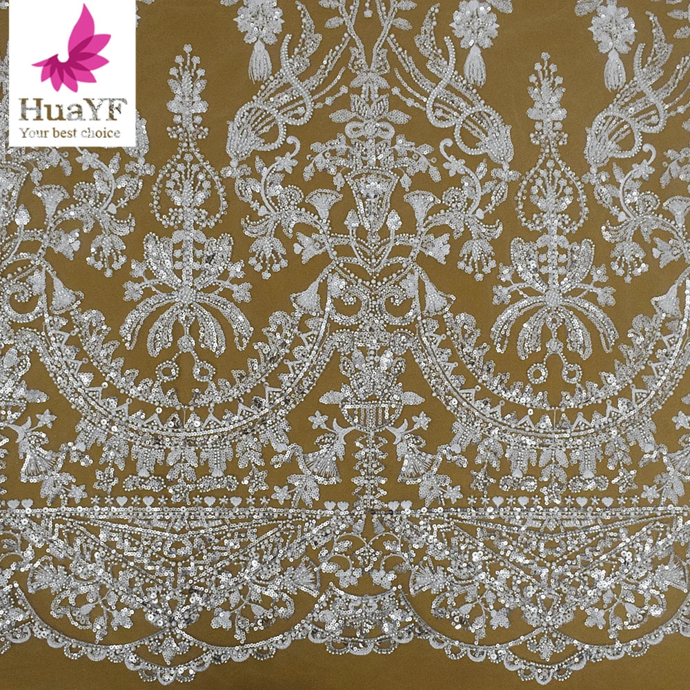 HY2009-1 French Silver White Wedding Dress Sequins Lace With Beads and Sequins for Bridal Fabric