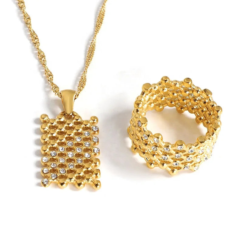 18K Gold Plated Stainless Steel Waterproof Jewelry Mini Diamond Hollow Mesh Rectangular Pendant Necklace and Ring