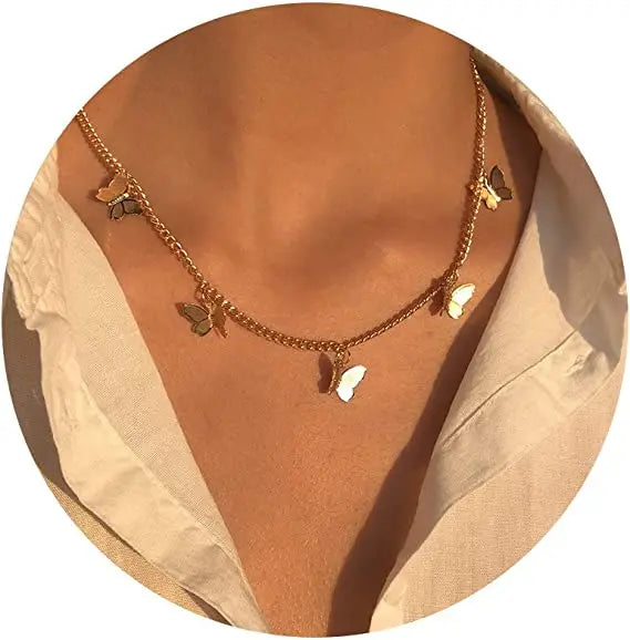 Hot Sale Fashion Accessories Women Basic Jewelry Layering Butterfly Charm 18k Gold Choker Stainless Steel Necklace