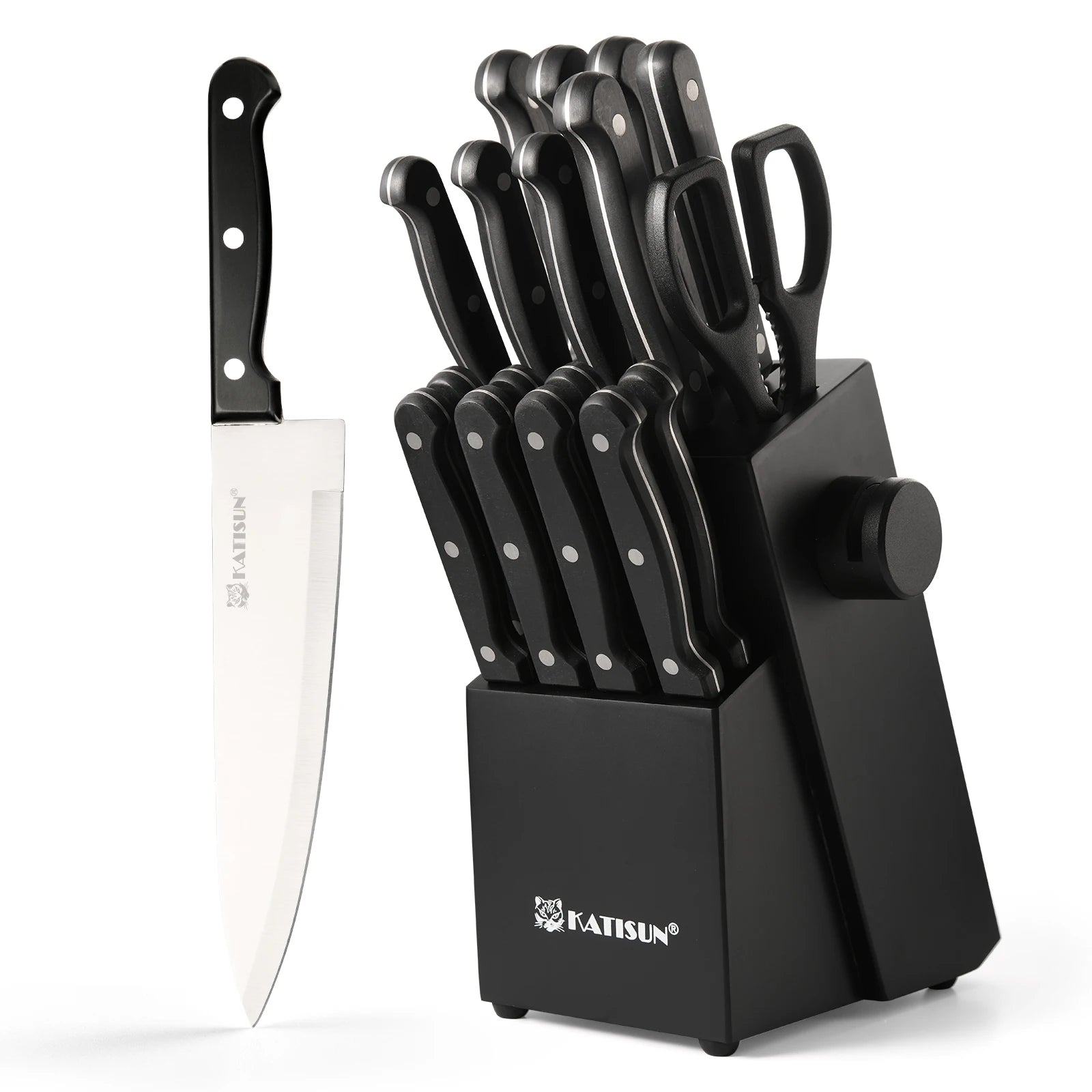 19 Pieces Kitchen Tools Black Plastic Handle Kitchen Chef Knife Set with Sharpener Kitchen Scissors Fork