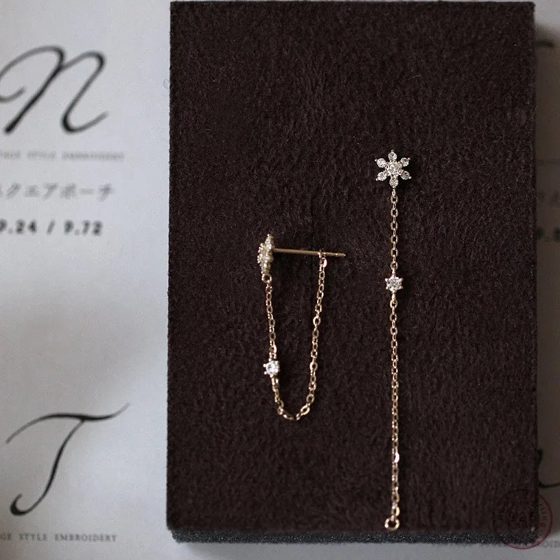 925 Sterling Silver Simple Snowflake Long Tassel Earrings 14k Gold Plating Pave Crystal Exquisite Temperament Earrings