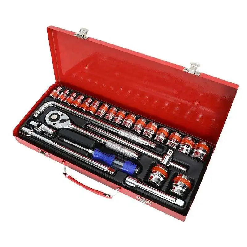 Solude Tool Set 25 Pcs Auto Repair Sockets Metal Box Hand Tool Kit Blue Line Ratchet Wrench