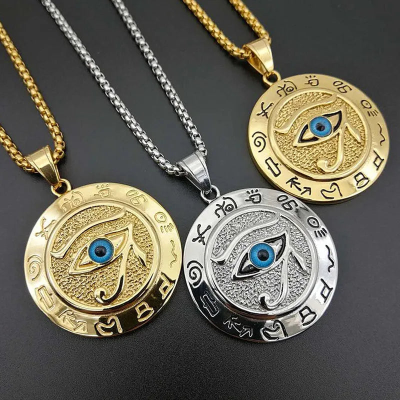 Ancient Egypt Stainless Steel Round Necklace Pendant Gold Plated Evil Eyes Pendant Necklace