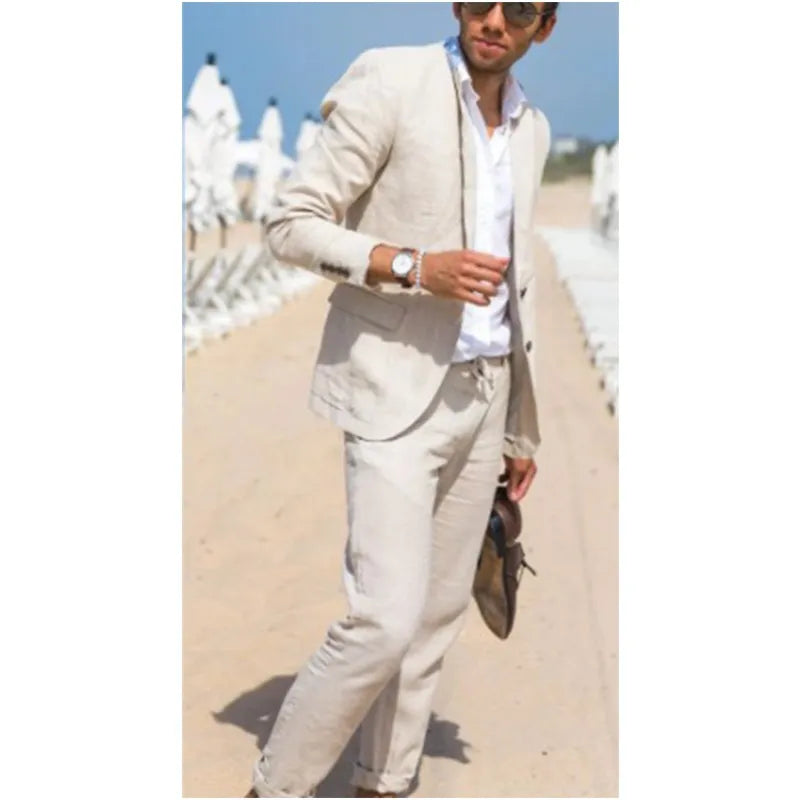 High Quality 2025 Classic Linen Casual Men Suits Beige Beach Wedding Groom Tuxedos 2 Pieces Arket blazer Sets (Jacket +Pants)