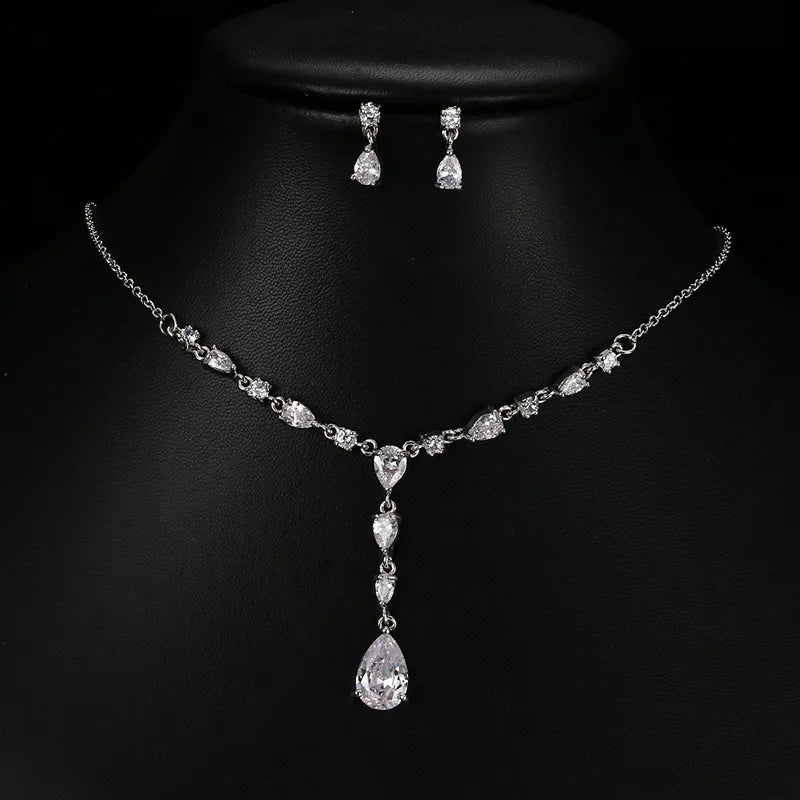 European and American Fashion Minimalist Long Water Droplet Shaped Zircon Necklace Earrings Necklace Two-piece Set