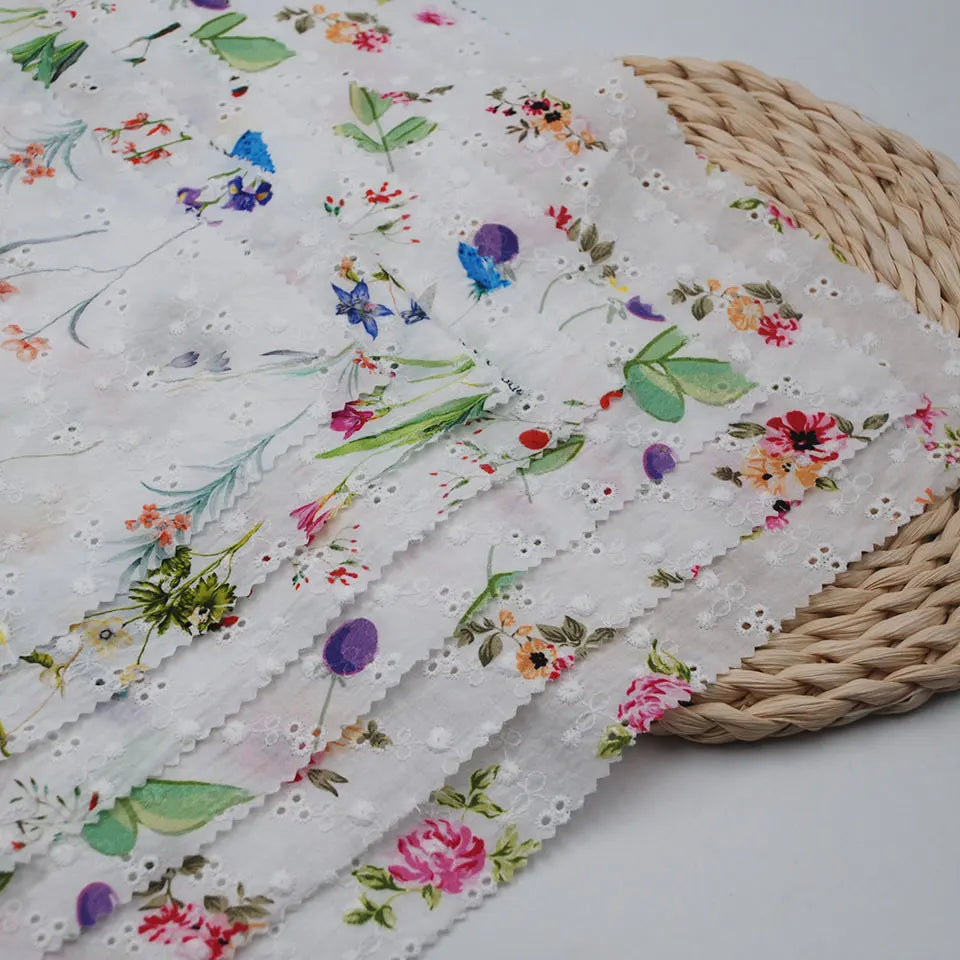 Small Floral 60s Voile Birdeye Eyelet Embroidery Hollow Out 100 Cotton Digital Printed Fabric for Dress