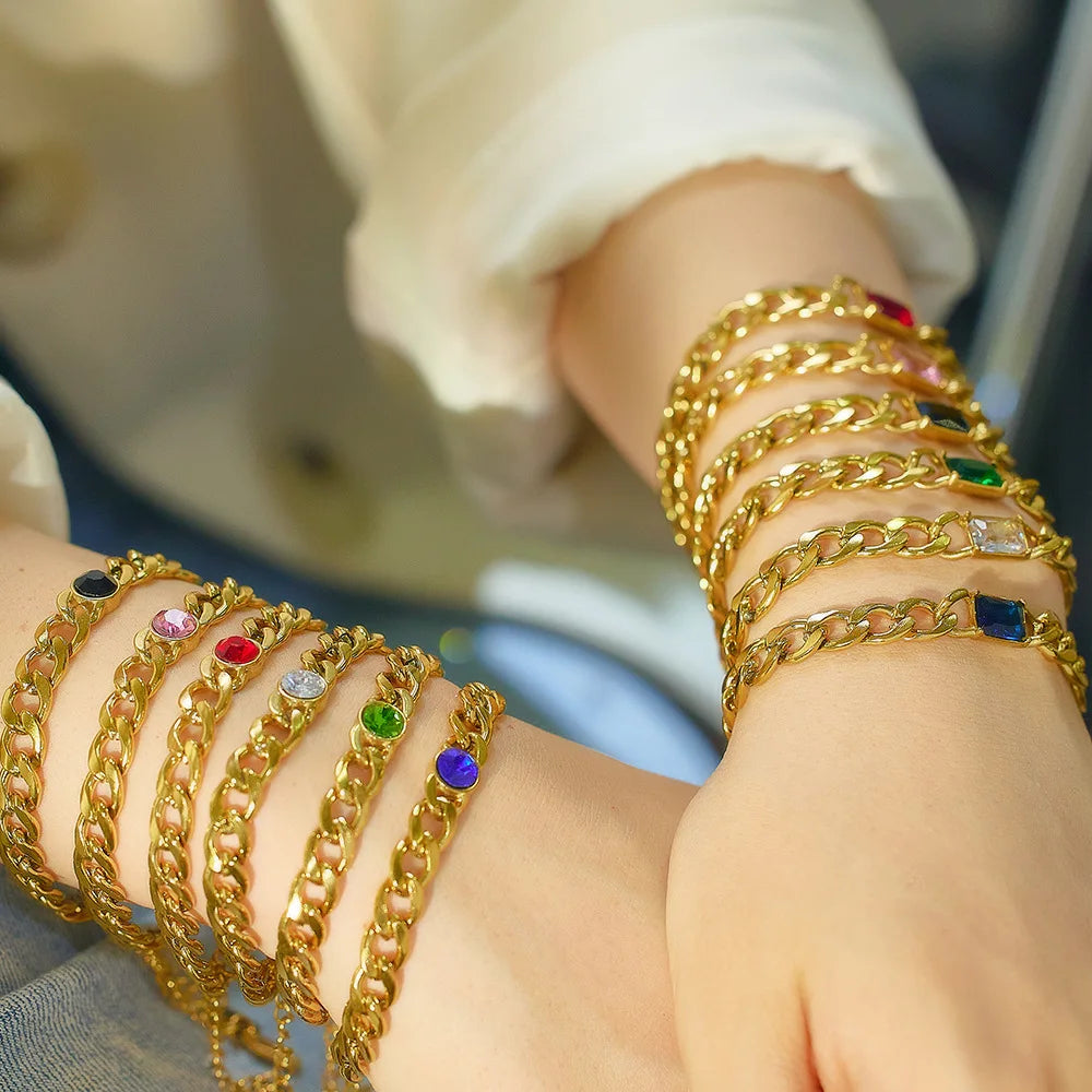 Women Jewelry Stainless Steel Gold Plated Square Inlaid Zircon Cuban Link Chain Bracelet