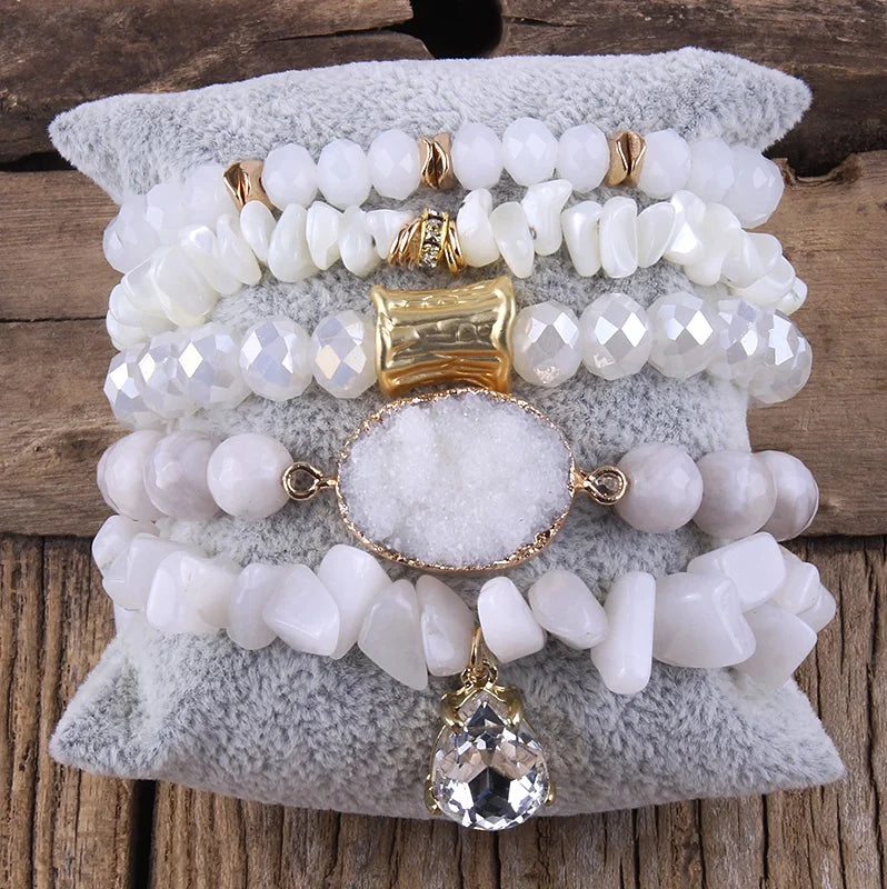 New Fashion Beautiful Women Jewelry White Natural Stone Crystal Glass Druzy Bracelet Chip Stone 5pc Stack Bracelet Set