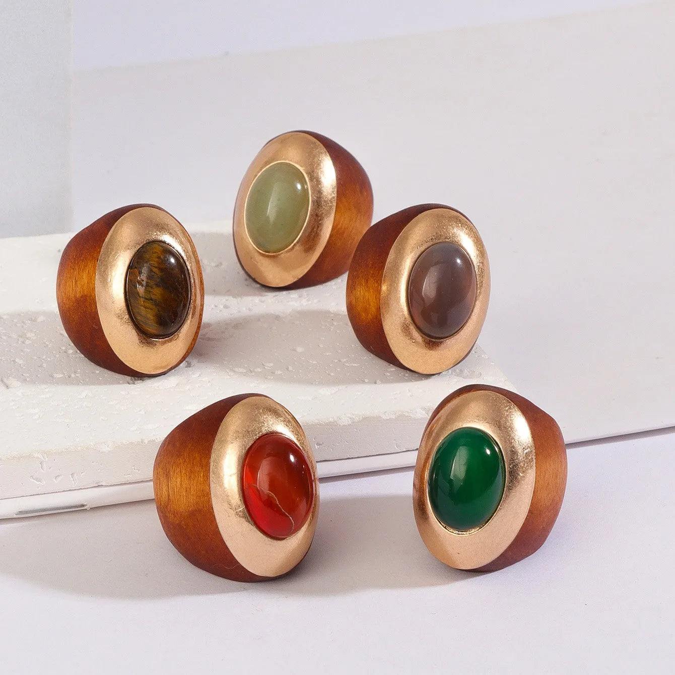 Vintage Wooden Texture Women's Ring Simple Alloy With Large Oval Amethyst Aventurine Natural Stone Ring