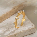 French Vintage Style 18K Gold Plated Waterproof Pearl Geometric Irregular Stainless Steel Open Ring