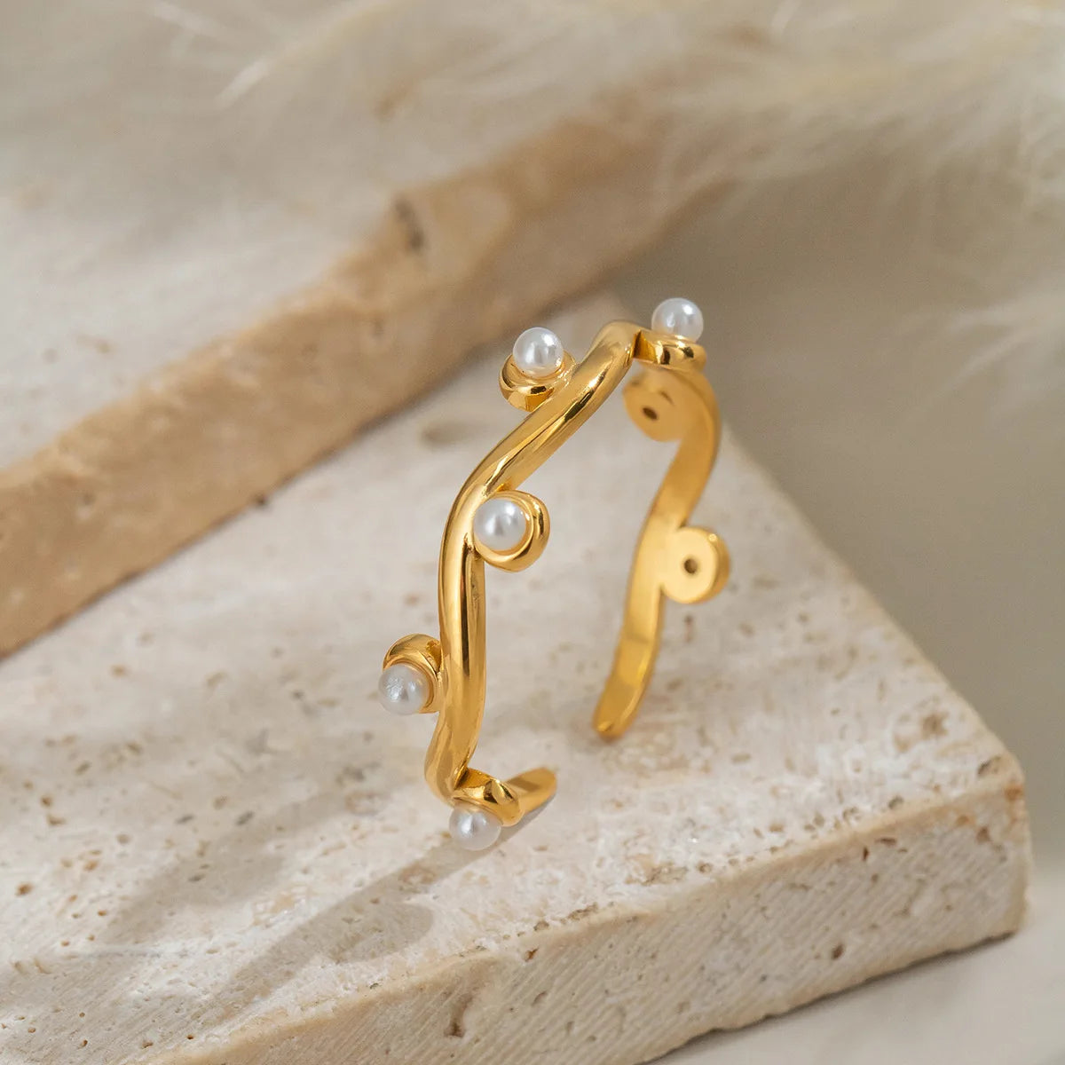 French Vintage Style 18K Gold Plated Waterproof Pearl Geometric Irregular Stainless Steel Open Ring
