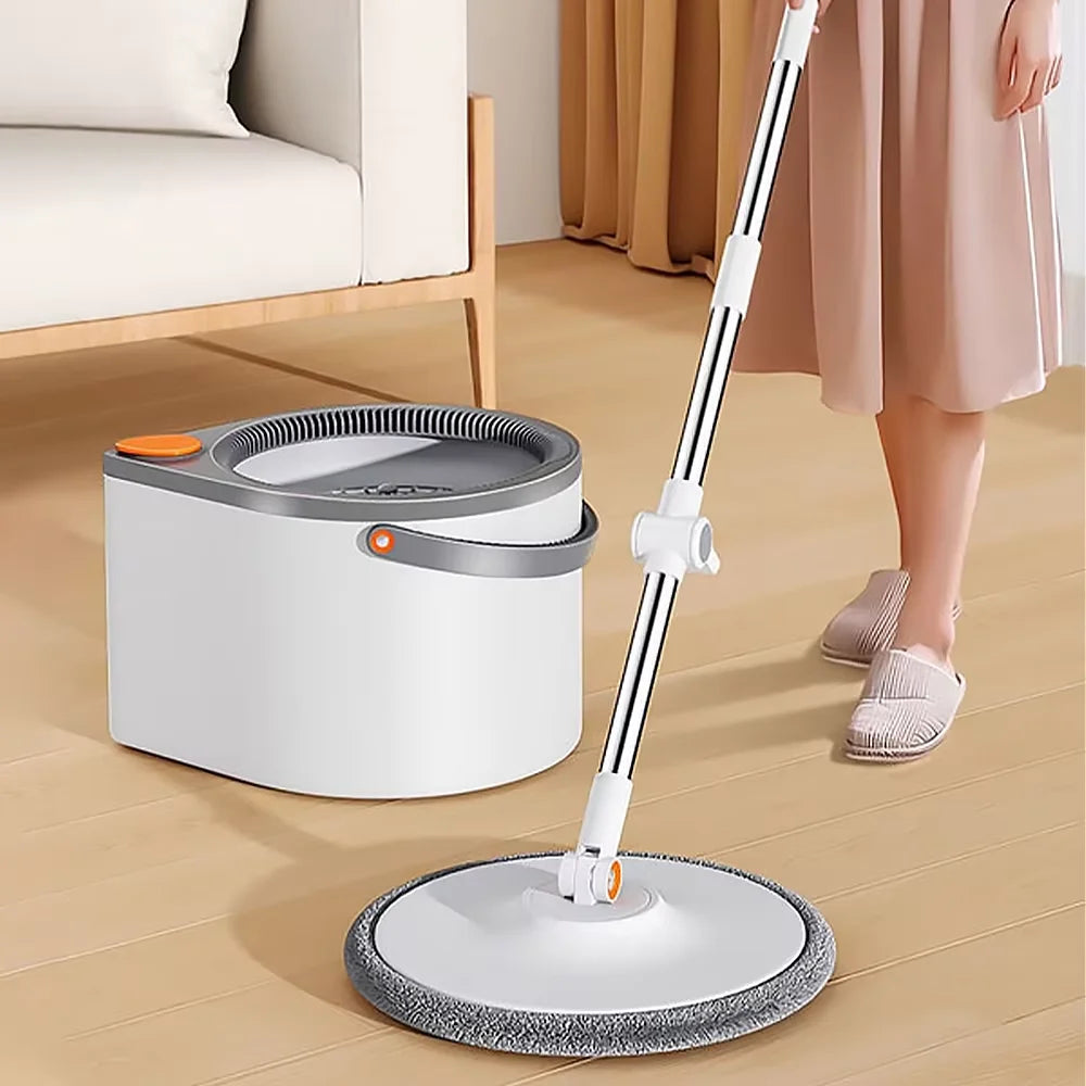 Cleaning Round Mop Bucket with Steel Handle and Wheel Set Separate Clean Dirty Water Floor Wringing Spin 360 Rotating
