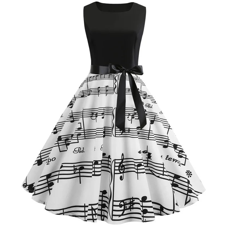 2026 Vestidos Women Summer Vintage Dress Clothing Musical Note Floral Robe Retro Swing Casual 50S 60S Rockabilly Dresses Party