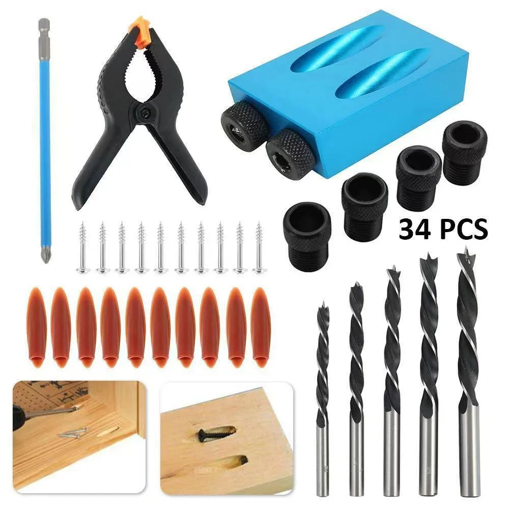 15 Degree  34pcs Set Pocket Hole Jig Kit System 6/8/10mm Drill Guide Drill Bit Set Blue Aluminum Pocket Hole Jig