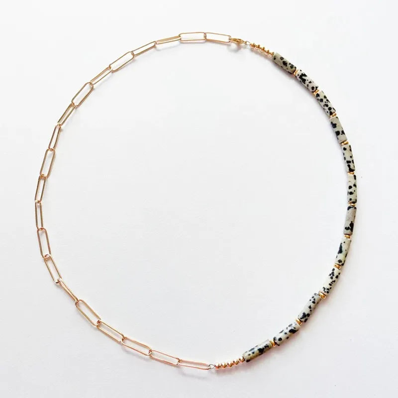 Dainty Half 18k Gold Paperclip Chain Link Necklace Natural Lapis jasper Gemstone Beads Necklace Design Jewelry