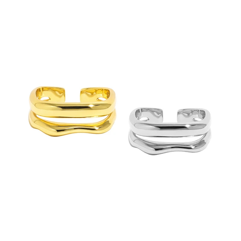 WuQie Sterling Silver Wave 18K Creative Ring Irregular Double Square Women Ring