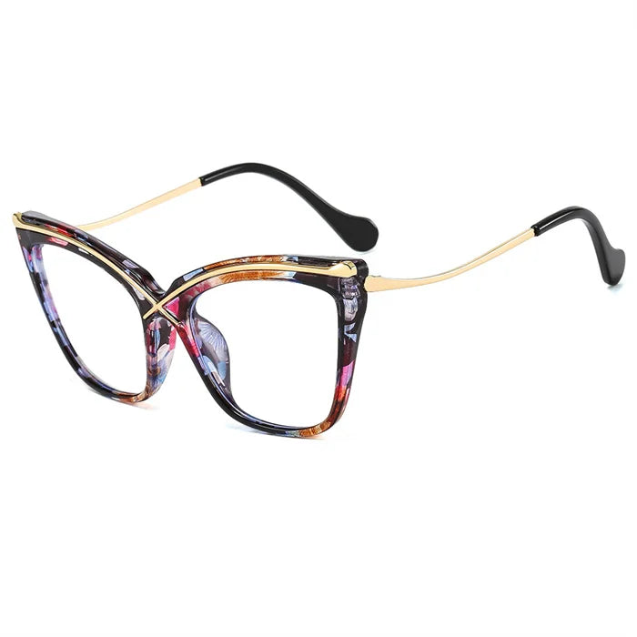 Popular Metal Eyebrow Flower Pattern Anti Blue Light Eyewear Large Frame Cat Eye Prescription Refractive Optical Glasses Frame