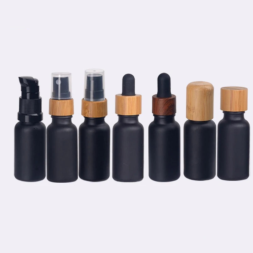 Matte Black Cosmetic Dropper Spray Roll on Essential Oil Bottle Eco-friendly 18mm Bamboo Wood Cap  Serum Glass Bottle