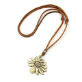 Exaggerated Sweater Chain Vintage Alloy Big Flower Pendant Leather Long Necklace for Women